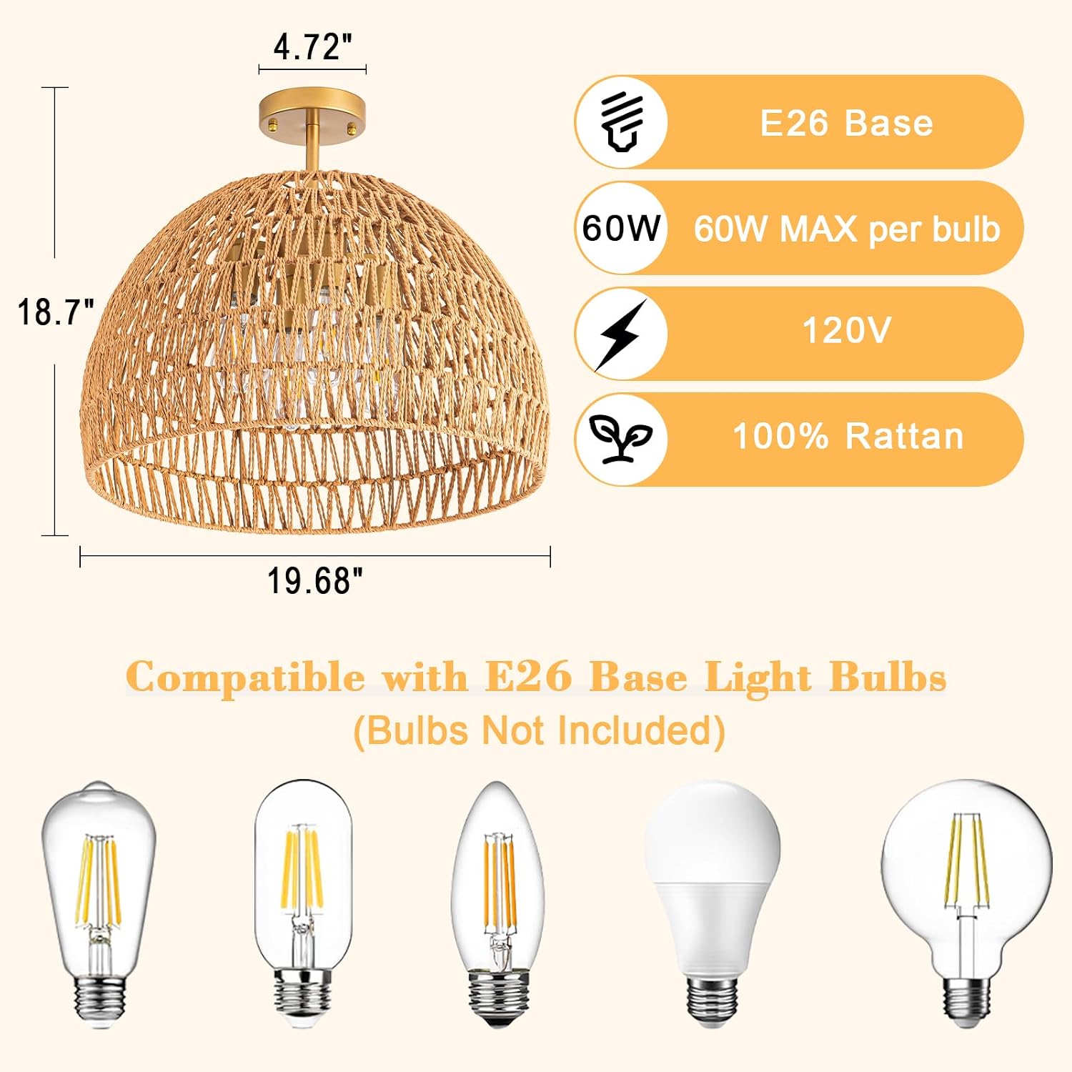 20 Inch 4-Light Cage Woven Rattan Boho Semi Flush Ceiling Light