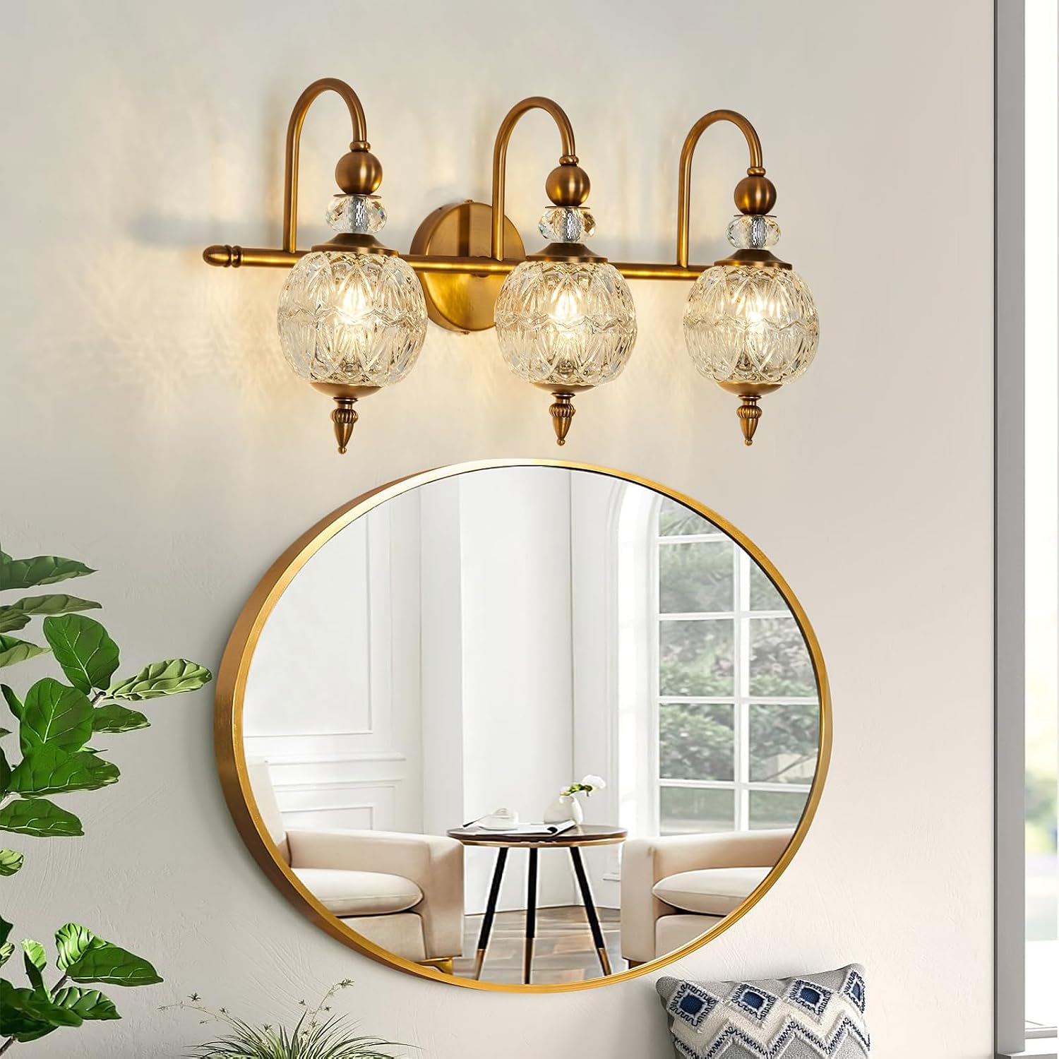 3-Light Gold Globe Glass Mid Century Vanity Wall Sconce