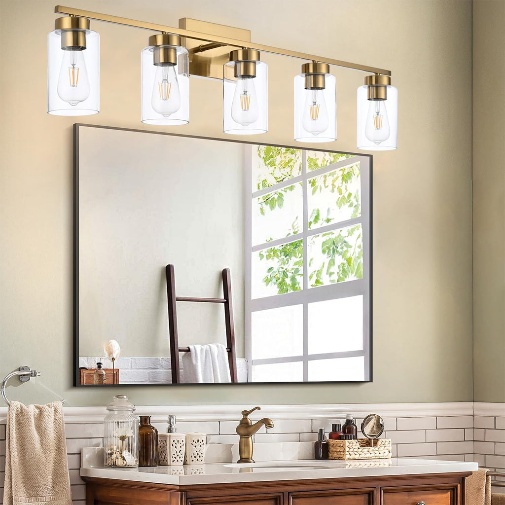 5-Light Brushed Brass Clear Glass Vanity Wall Sconce