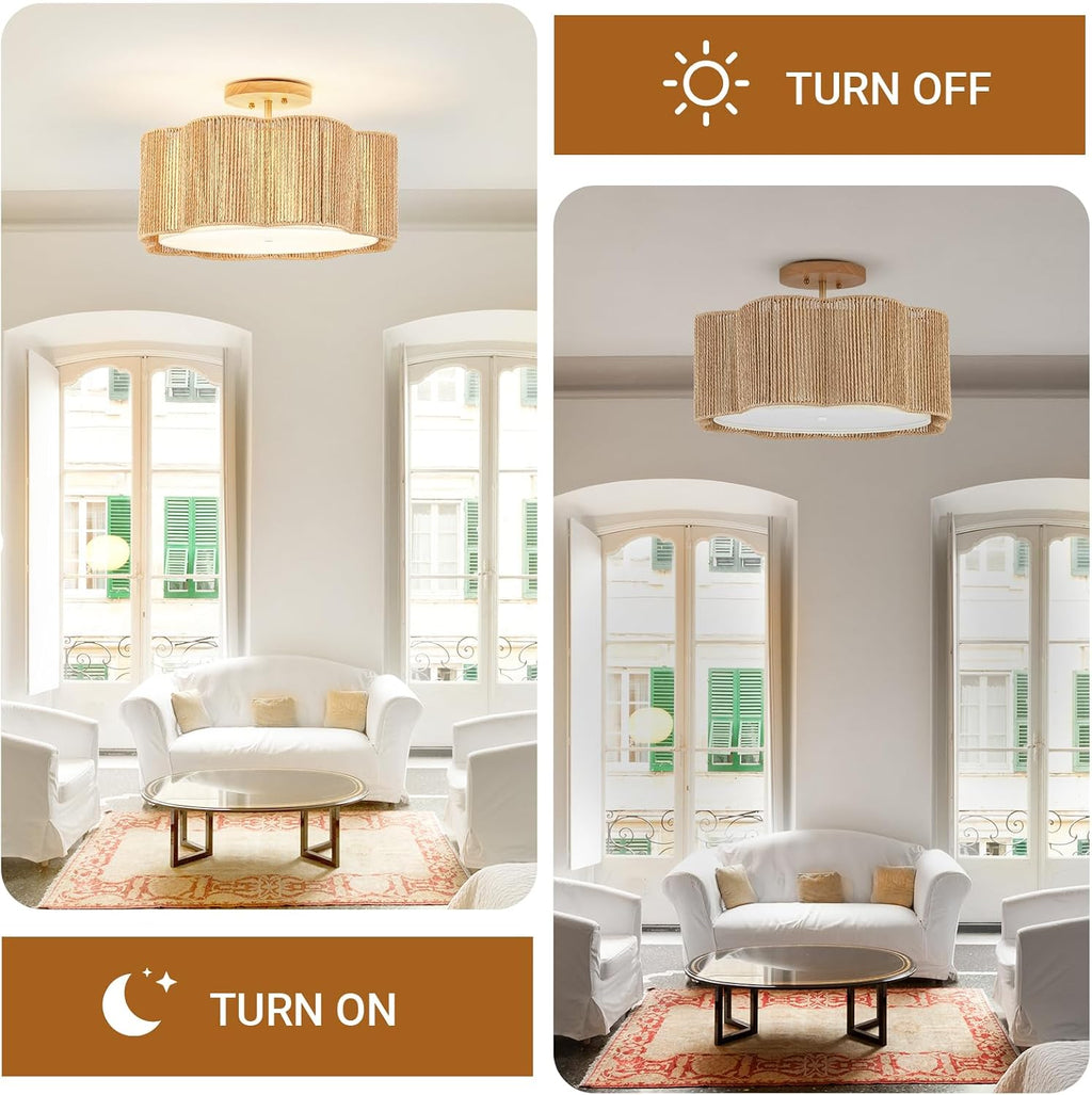 18 Inch 3-Light Rattan Boho Flush Mount Ceiling Light