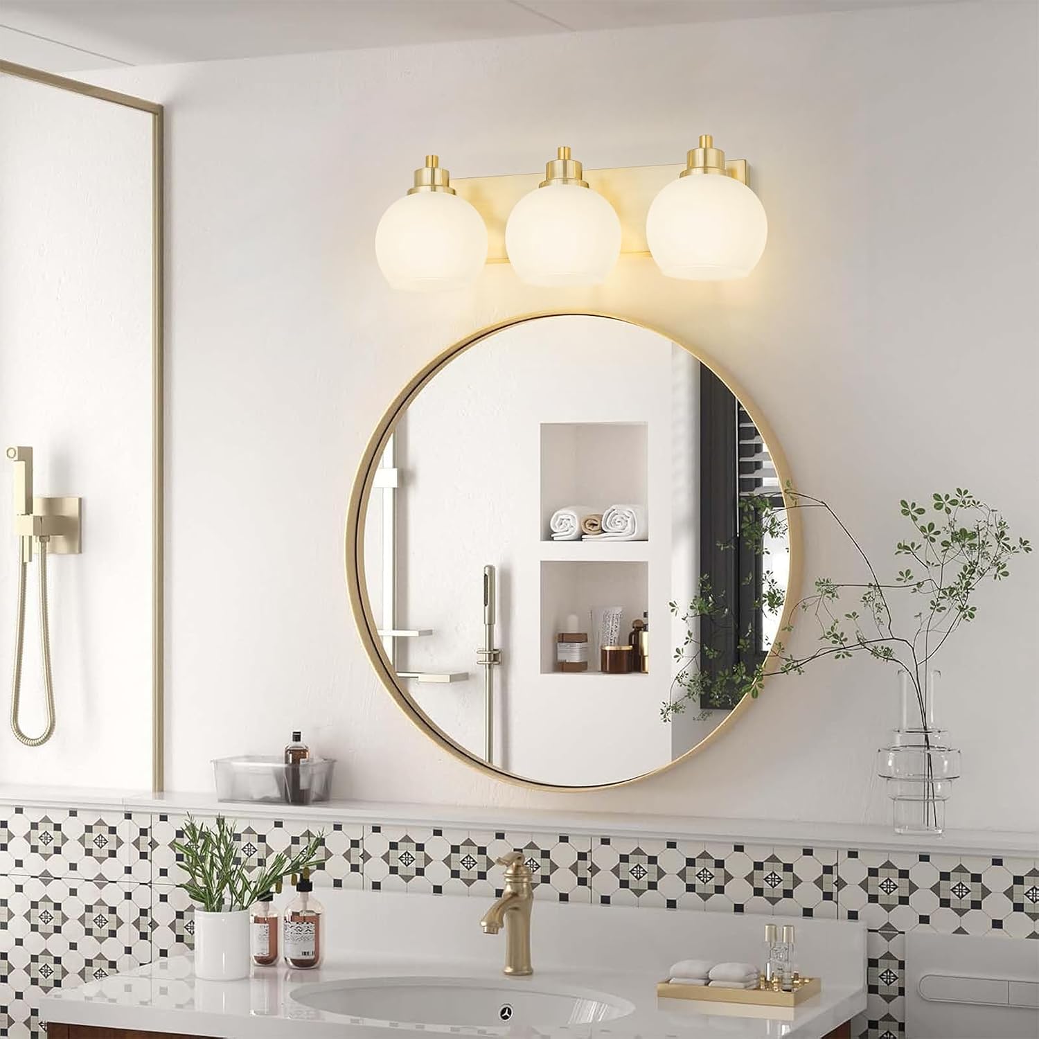 3-Light Brushed Gold Milk Glass Vanity Wall Sconce