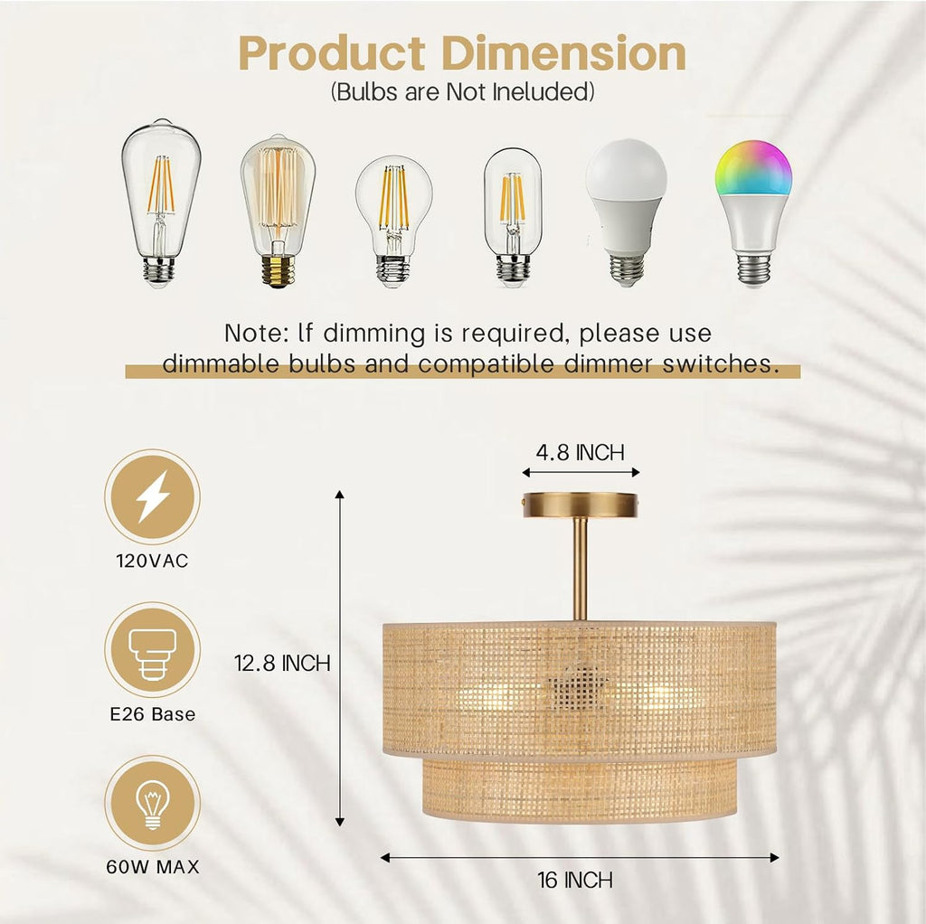 16" 2-Tier Rattan Gold Ceiling Light