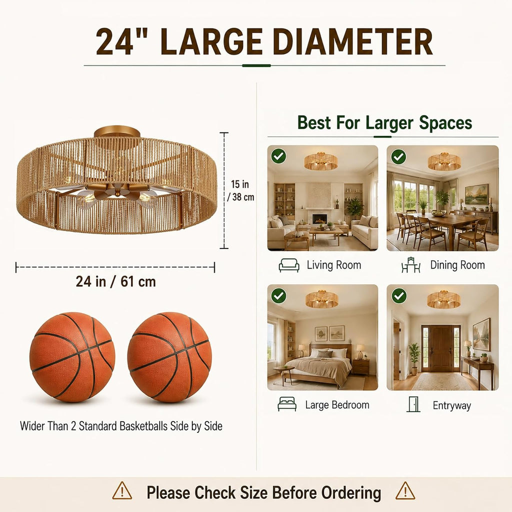 24 Inch 5-Light Gold Natural Rattan Boho Flush Mount Chandelier