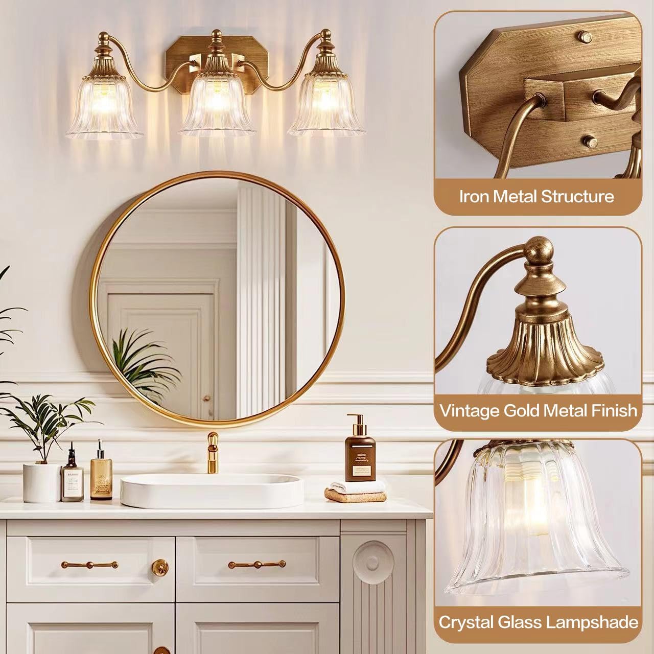 3-Light Antique Gold Crystal Vintage Vanity Wall Sconce