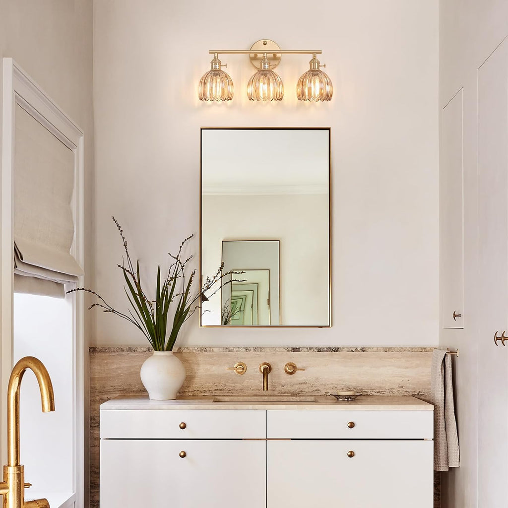 3-Light Brass Amber Tulip Glass Vanity Wall Sconce
