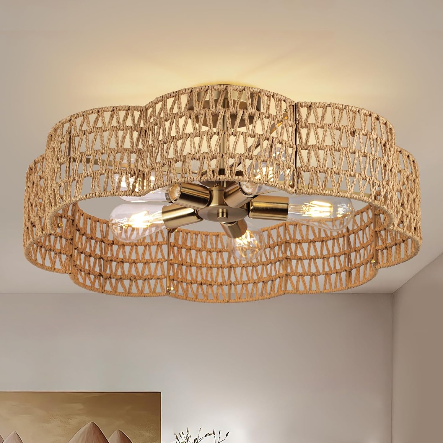Scalloped Rattan Gold Ceiling Light