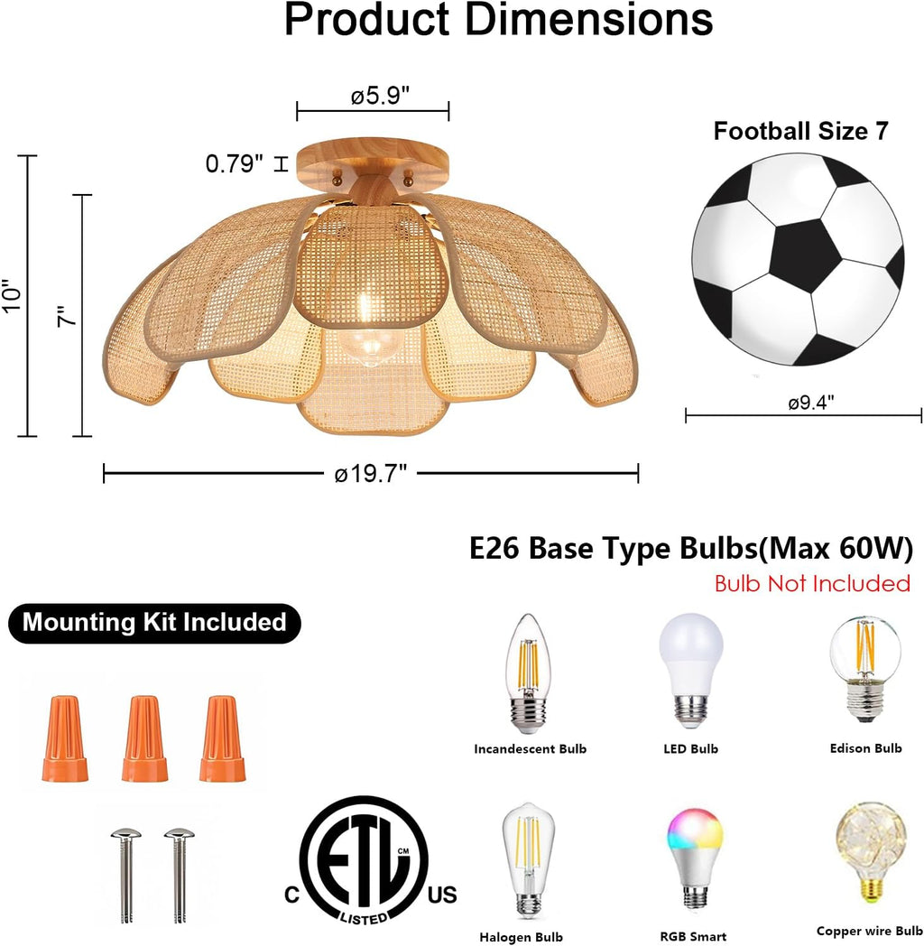 20 Inch Flower Rattan Boho Flush Mount Ceiling Light
