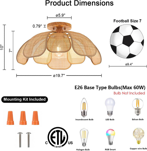 20 Inch Flower Rattan Boho Flush Mount Ceiling Light
