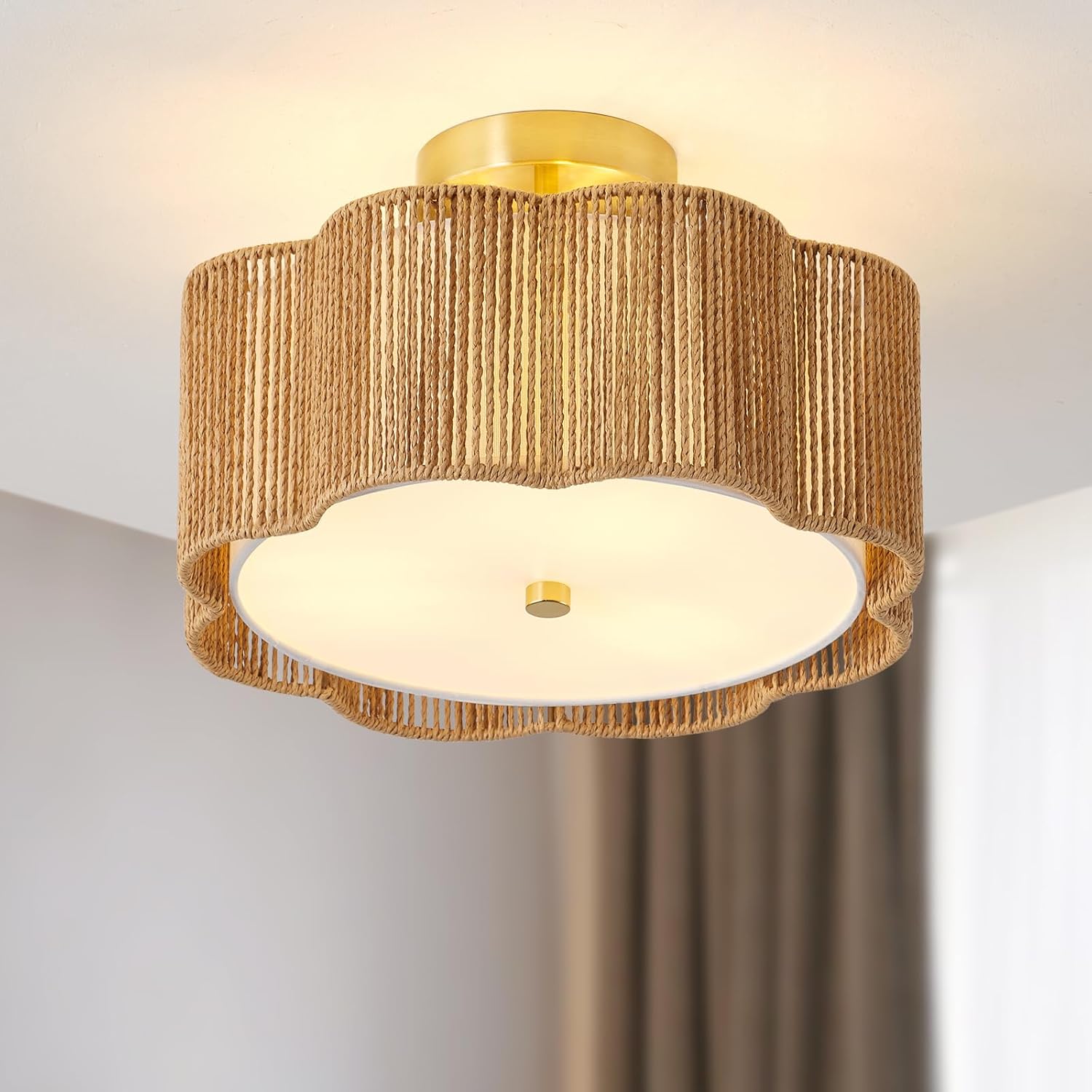 3-Light Yellow Rattan Boho Flush Mount Ceiling Chandelier