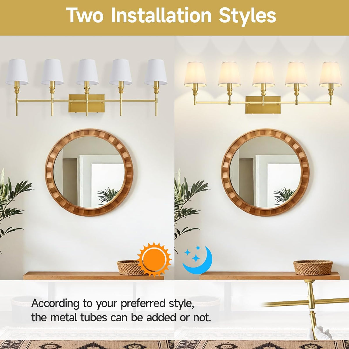 5-Light Vintage Brass Fabric Shade Vanity Wall Lamp