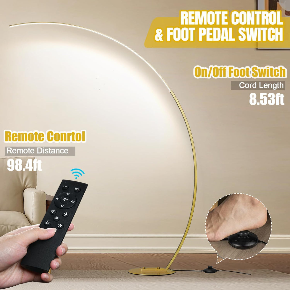 Gold Bright Arc Floor Lamp Remote