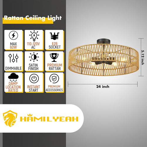 24" 5-Light Rattan Flush Ceiling Light