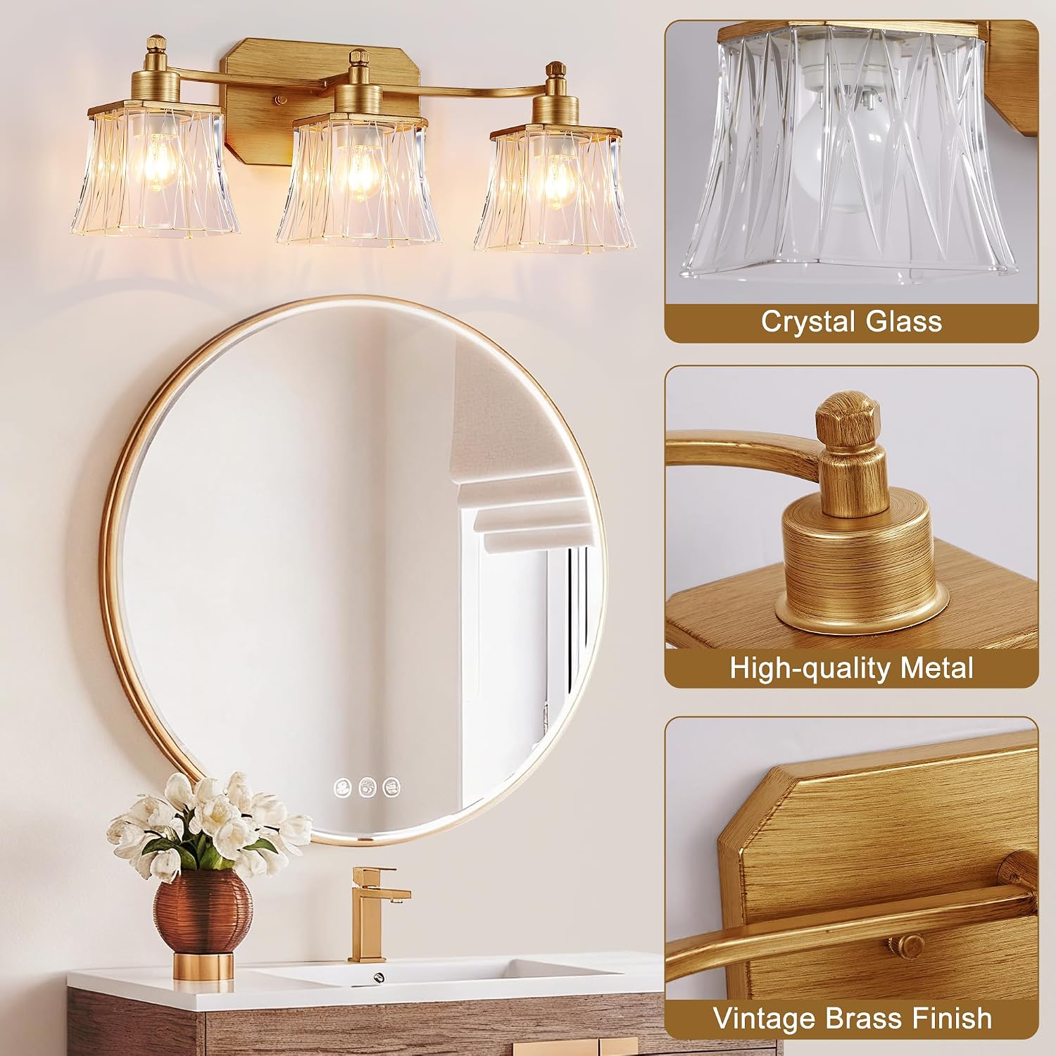 3-Light Matte Antique Brass Square Crystal Vanity Light