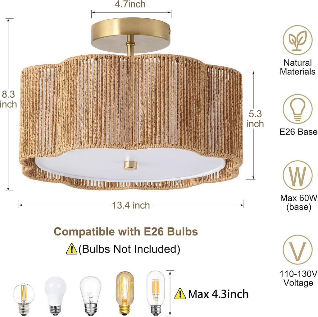 3-Light Yellow Rattan Boho Flush Mount Ceiling Chandelier