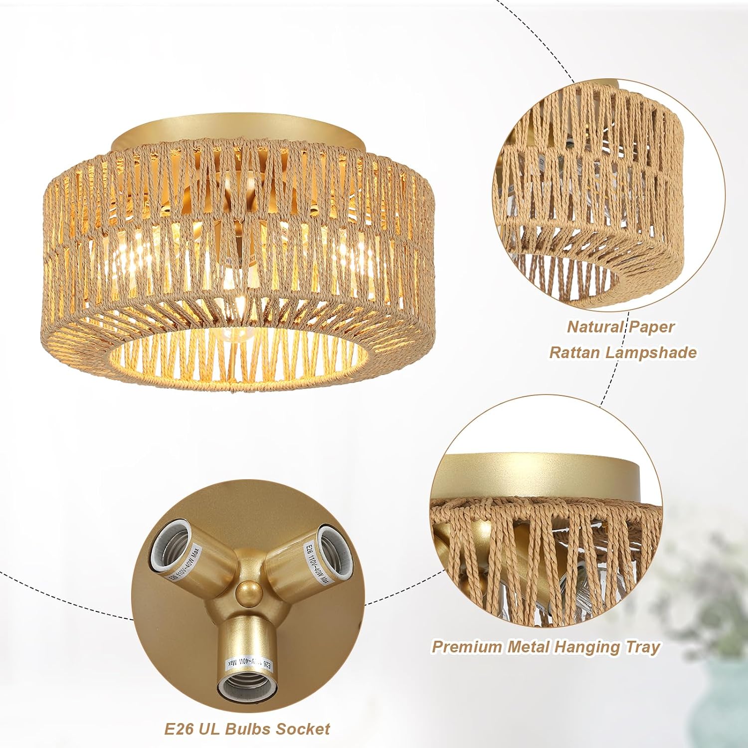 3-Light Hand-Woven Rattan Boho Flush Mount Ceiling Light