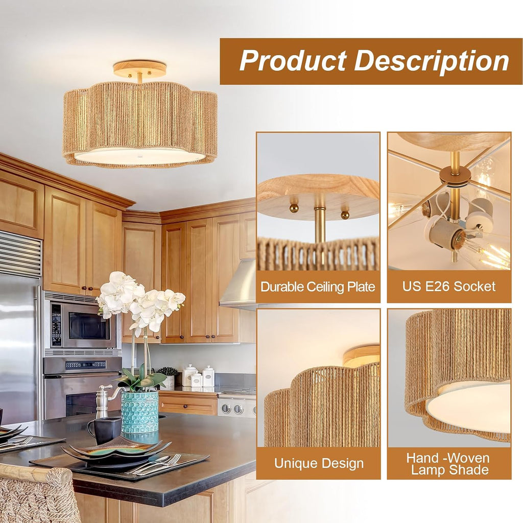 18 Inch 3-Light Rattan Boho Flush Mount Ceiling Light