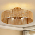 24 Inch 5-Light Gold Natural Rattan Boho Flush Mount Chandelier