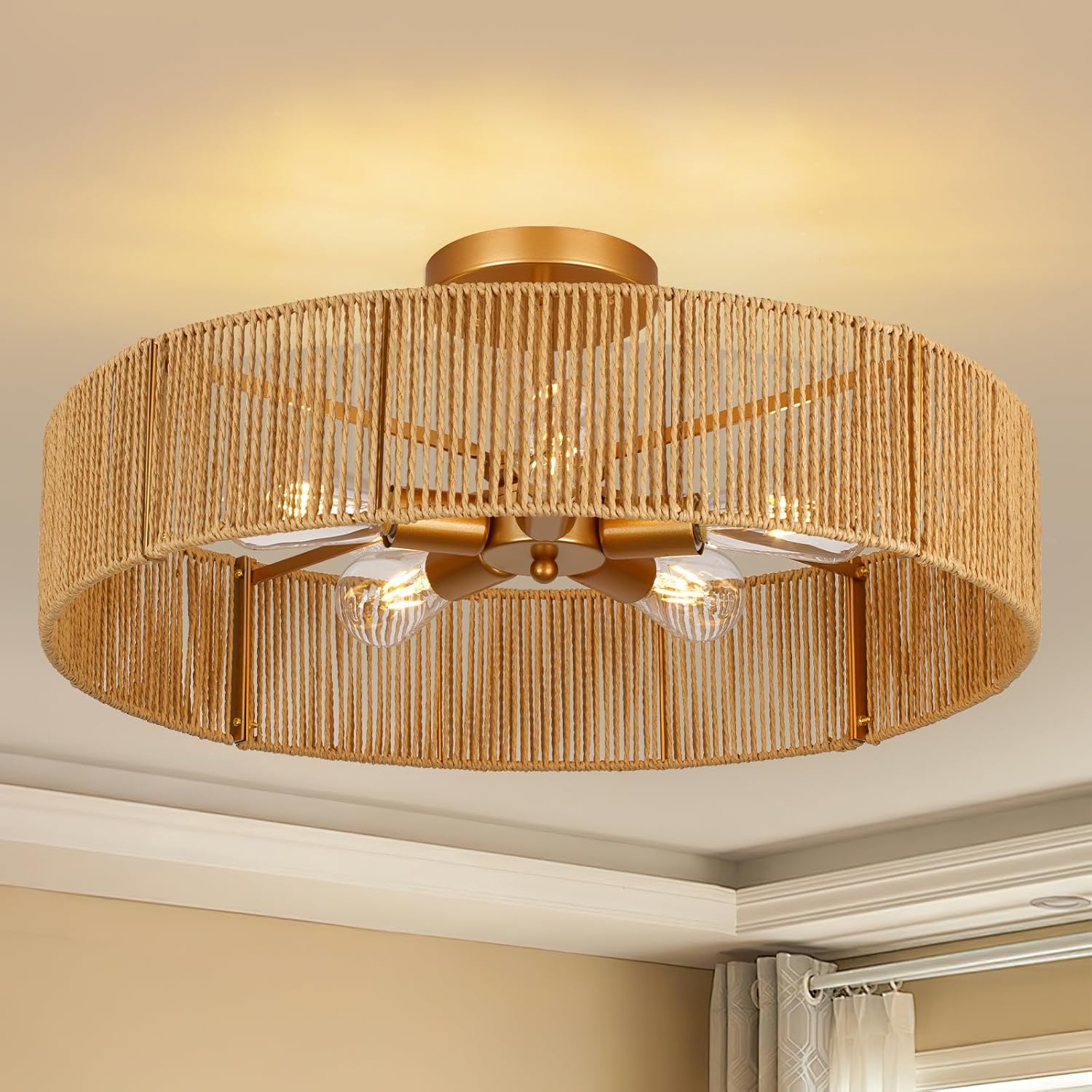 24 Inch 5-Light Gold Natural Rattan Boho Flush Mount Chandelier