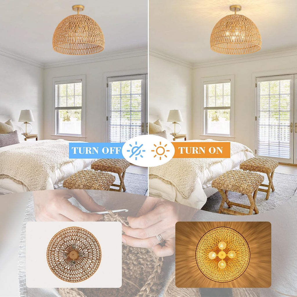 20 Inch 4-Light Hand-Woven Rattan Boho Semi Flush Ceiling Light