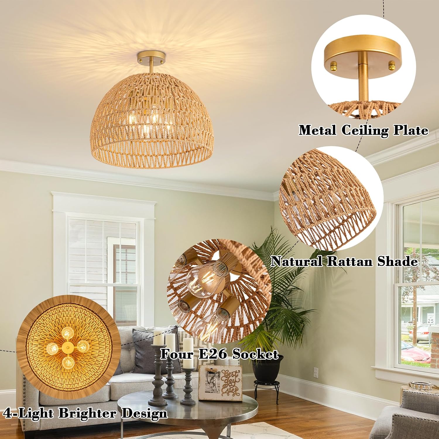 20 Inch 4-Light Cage Woven Rattan Boho Semi Flush Ceiling Light