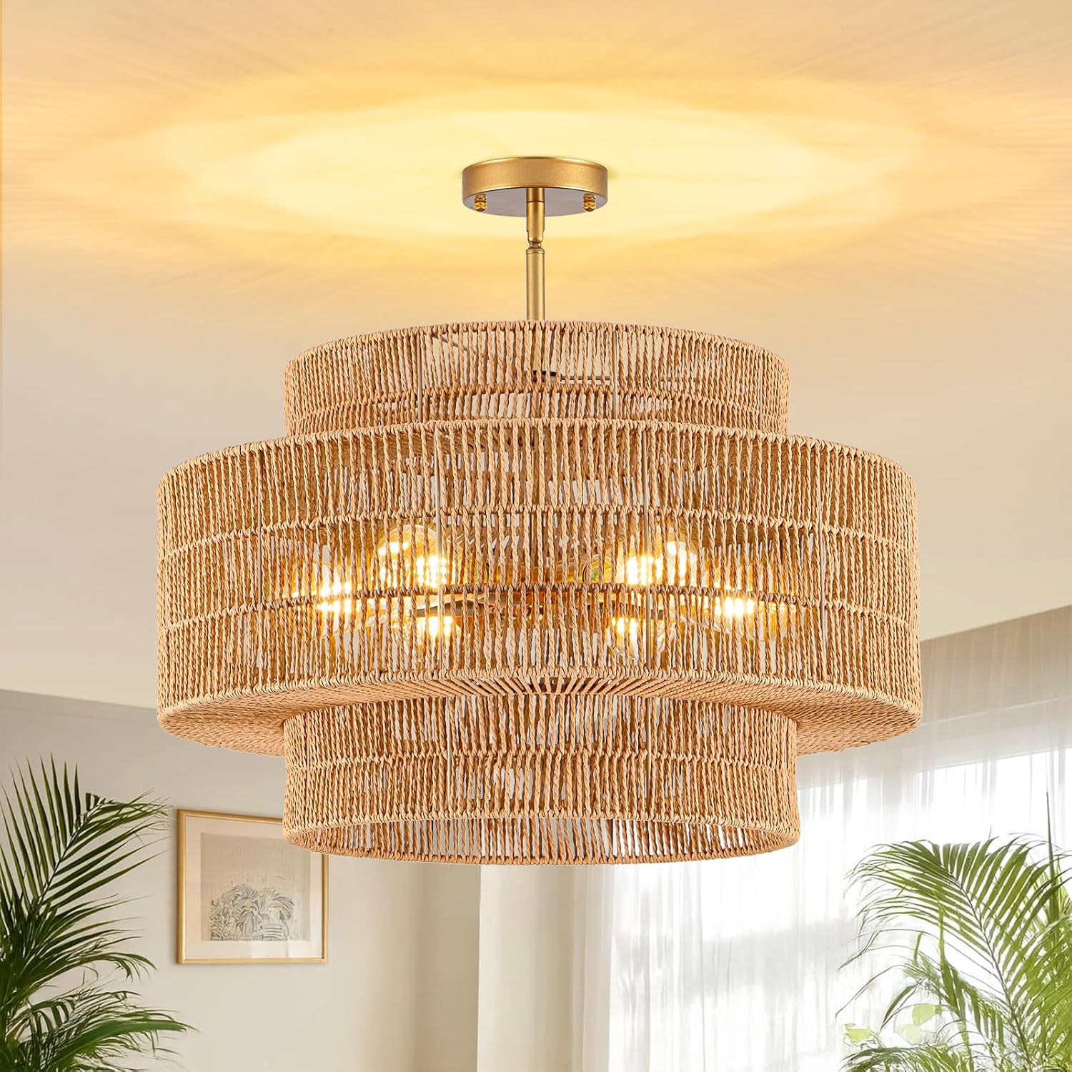 23.6 Inch 6-Light 3-Tier Rattan Drum Boho Ceiling Chandelier