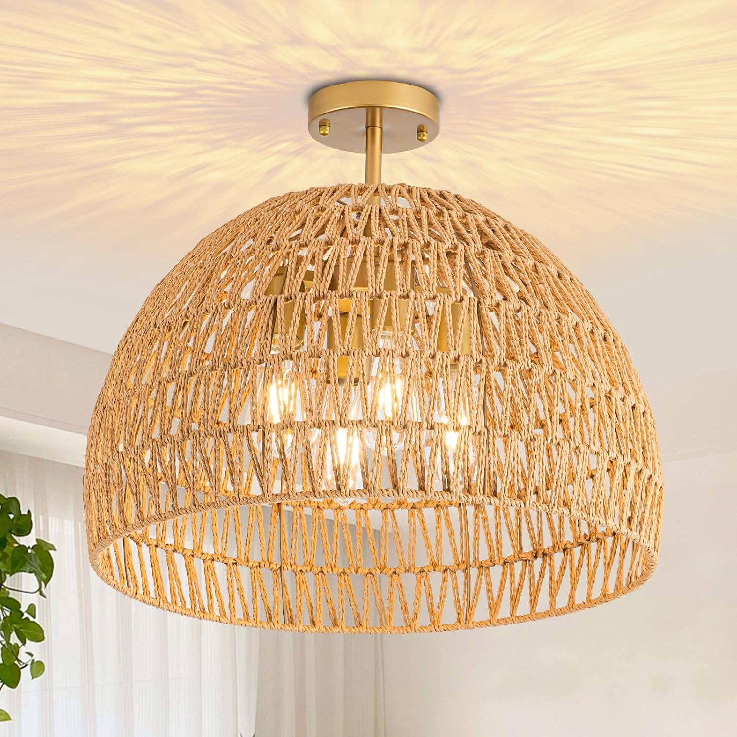 20 Inch 4-Light Cage Woven Rattan Boho Semi Flush Ceiling Light