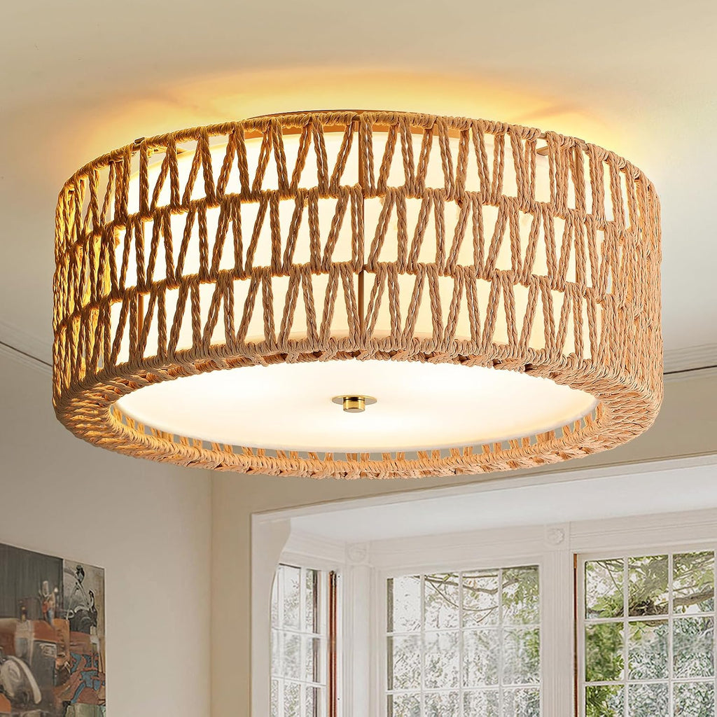 15.7 Inch 3-Light Woven Rattan Boho Semi Flush Ceiling Light