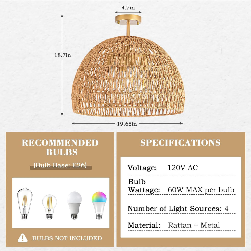 20 Inch 4-Light Hand-Woven Rattan Boho Semi Flush Ceiling Light