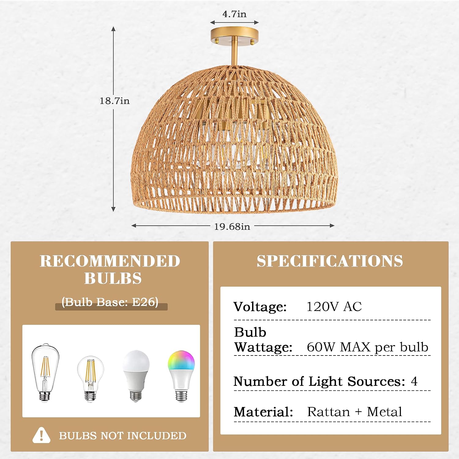 20 Inch 4-Light Hand-Woven Rattan Boho Semi Flush Ceiling Light