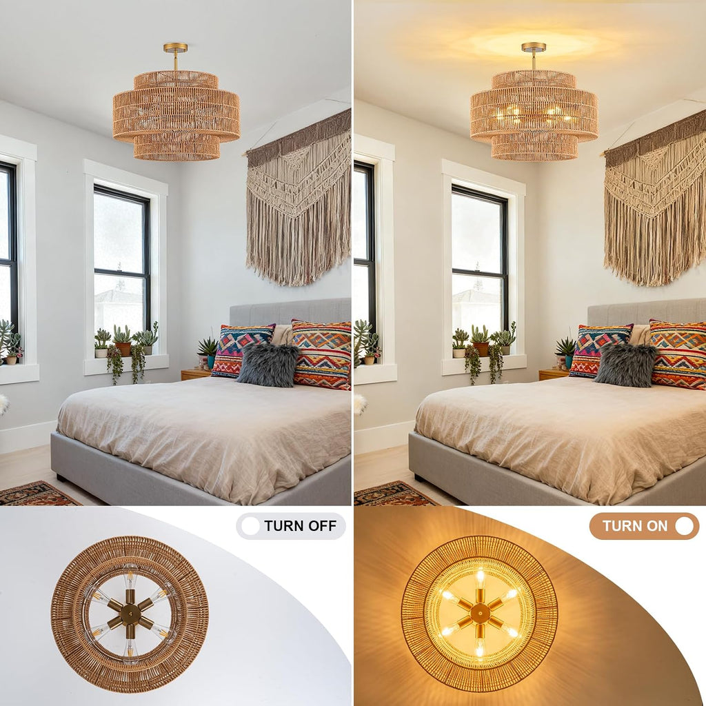 23.6 Inch 6-Light 3-Tier Rattan Drum Boho Ceiling Chandelier