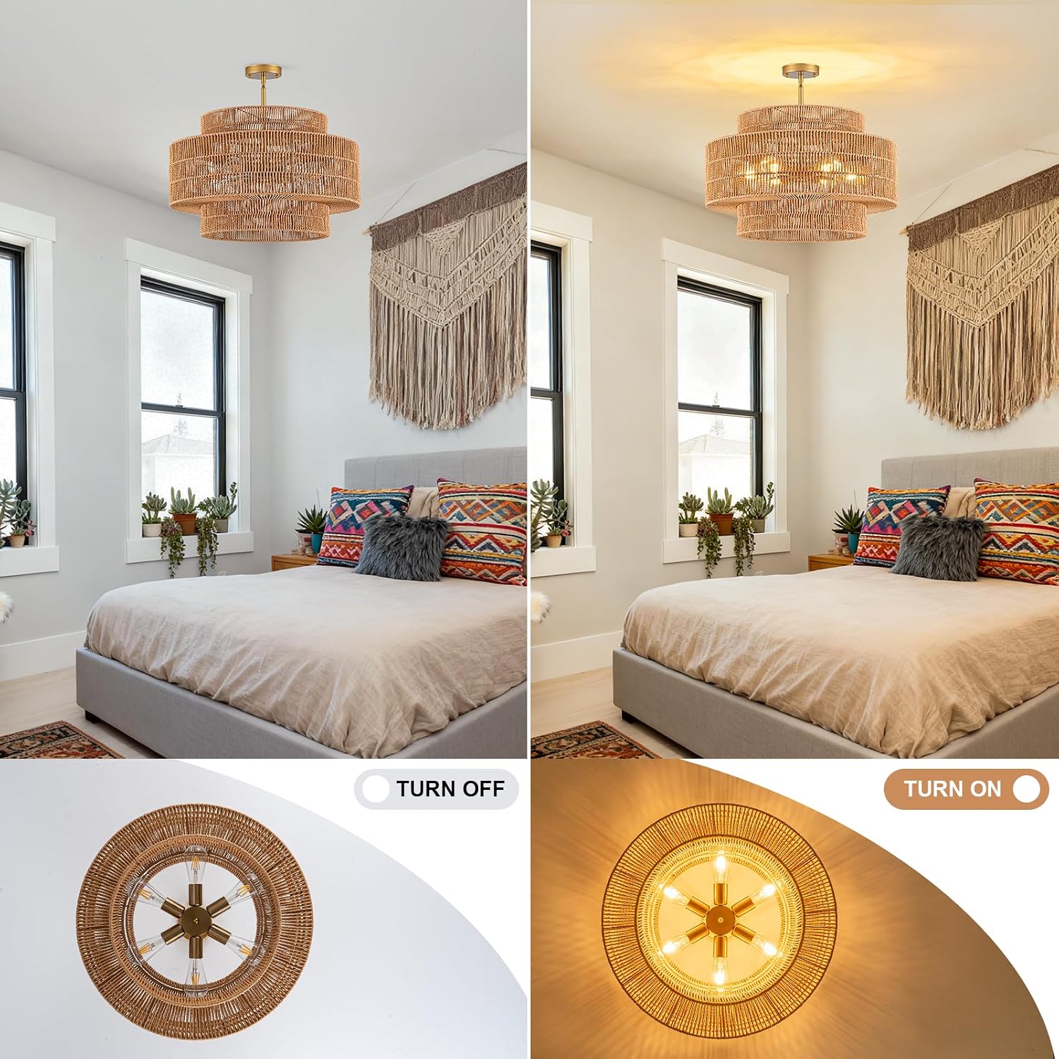 23.6 Inch 6-Light 3-Tier Rattan Drum Boho Ceiling Chandelier