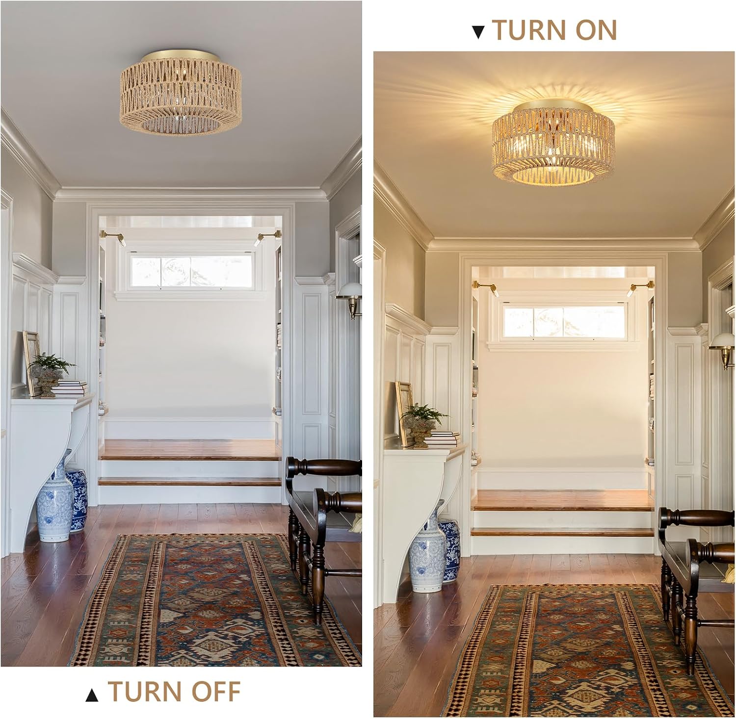 3-Light Hand-Woven Rattan Boho Flush Mount Ceiling Light
