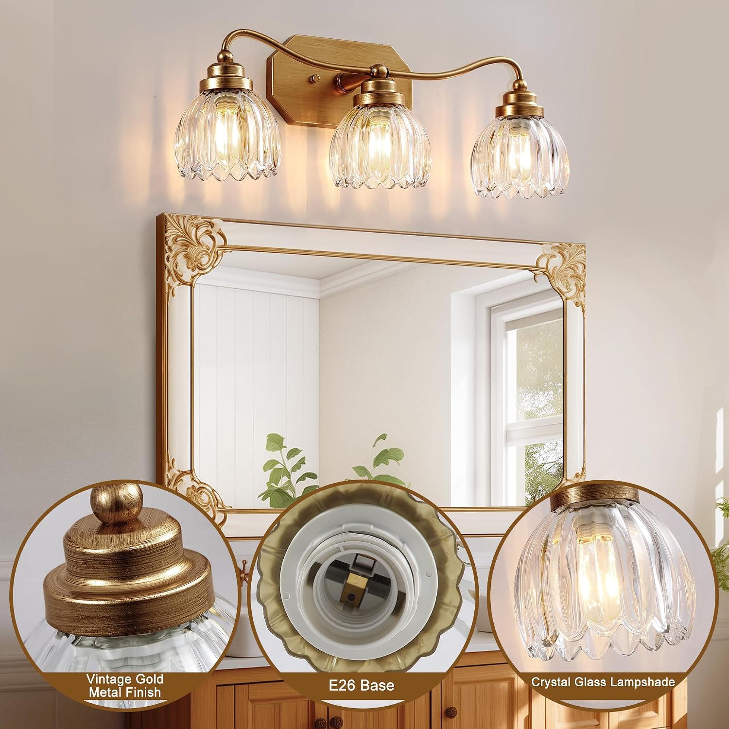 3-Light Gold Crystal Bathroom Vanity Wall Sconce