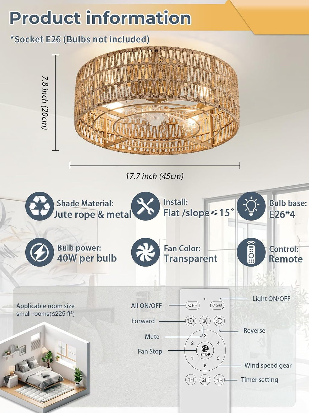 Rattan Caged Fan Light With Remote