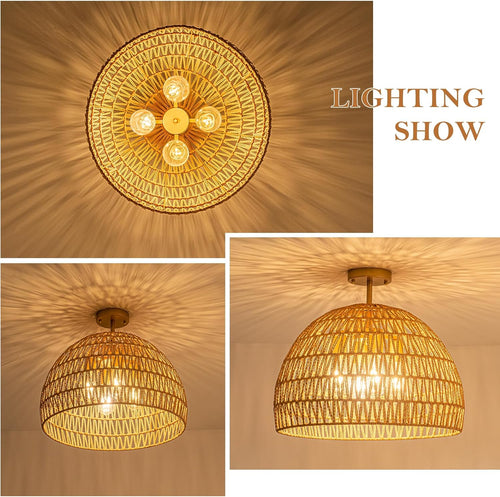 20 Inch 4-Light Hand-Woven Rattan Boho Semi Flush Ceiling Light