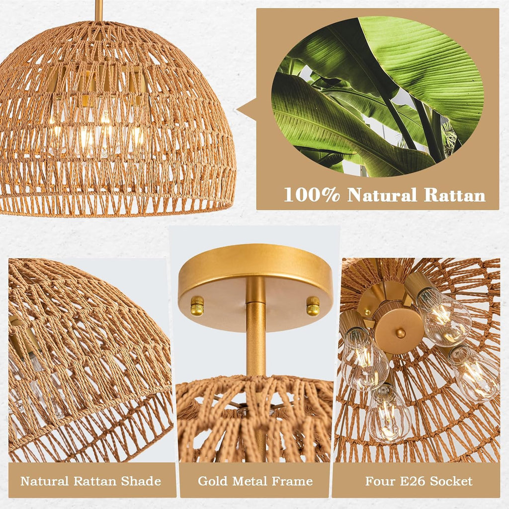 20 Inch 4-Light Hand-Woven Rattan Boho Semi Flush Ceiling Light