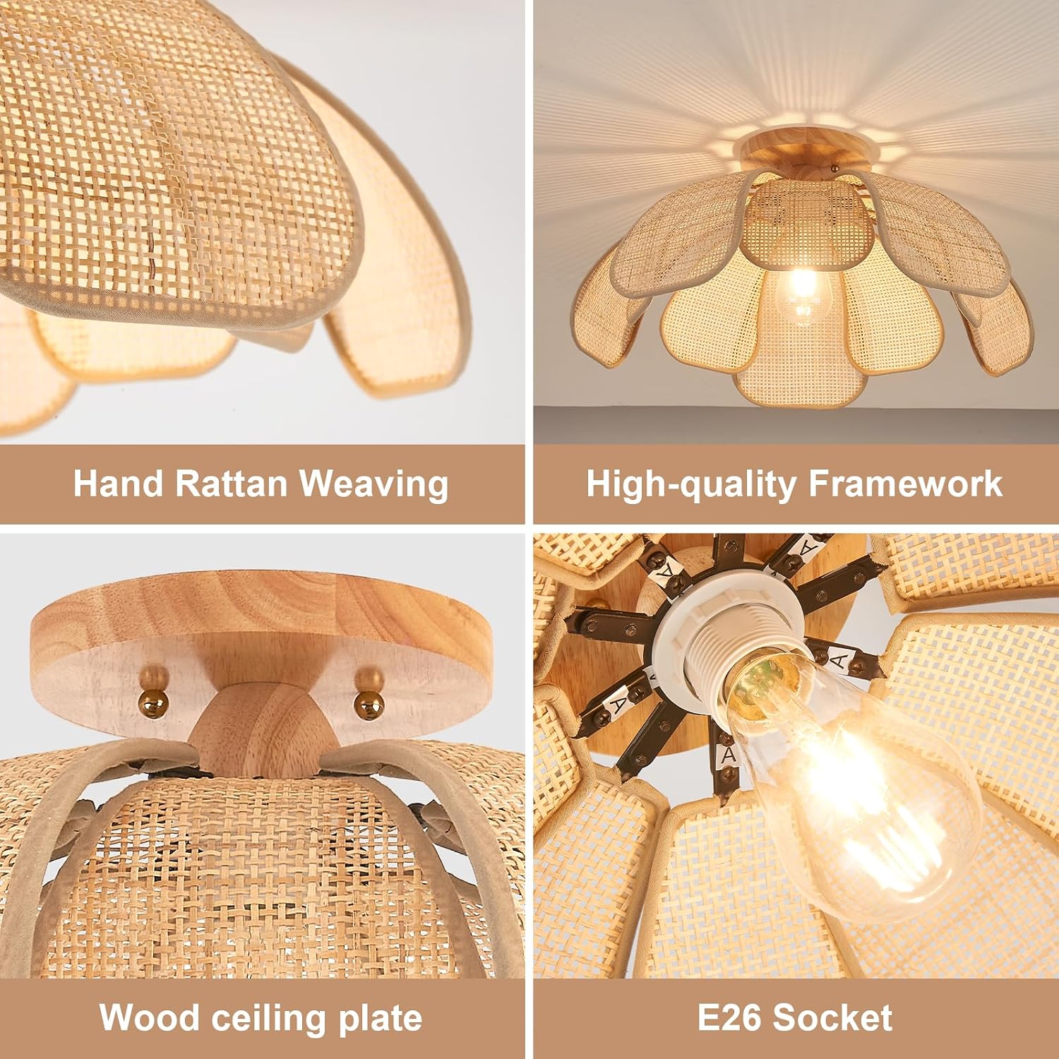 20 Inch Flower Rattan Boho Flush Mount Ceiling Light