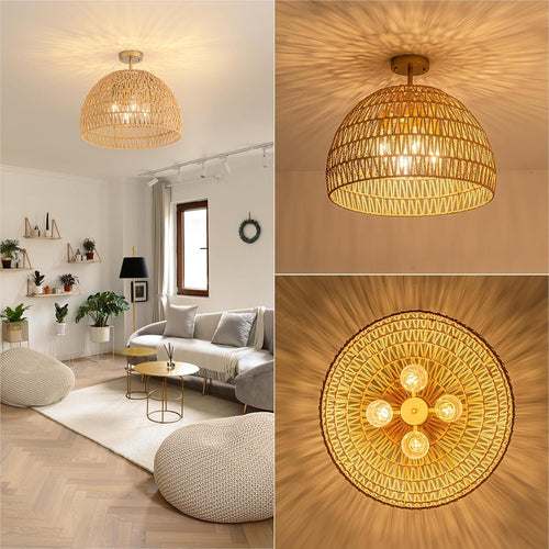20 Inch 4-Light Cage Woven Rattan Boho Semi Flush Ceiling Light