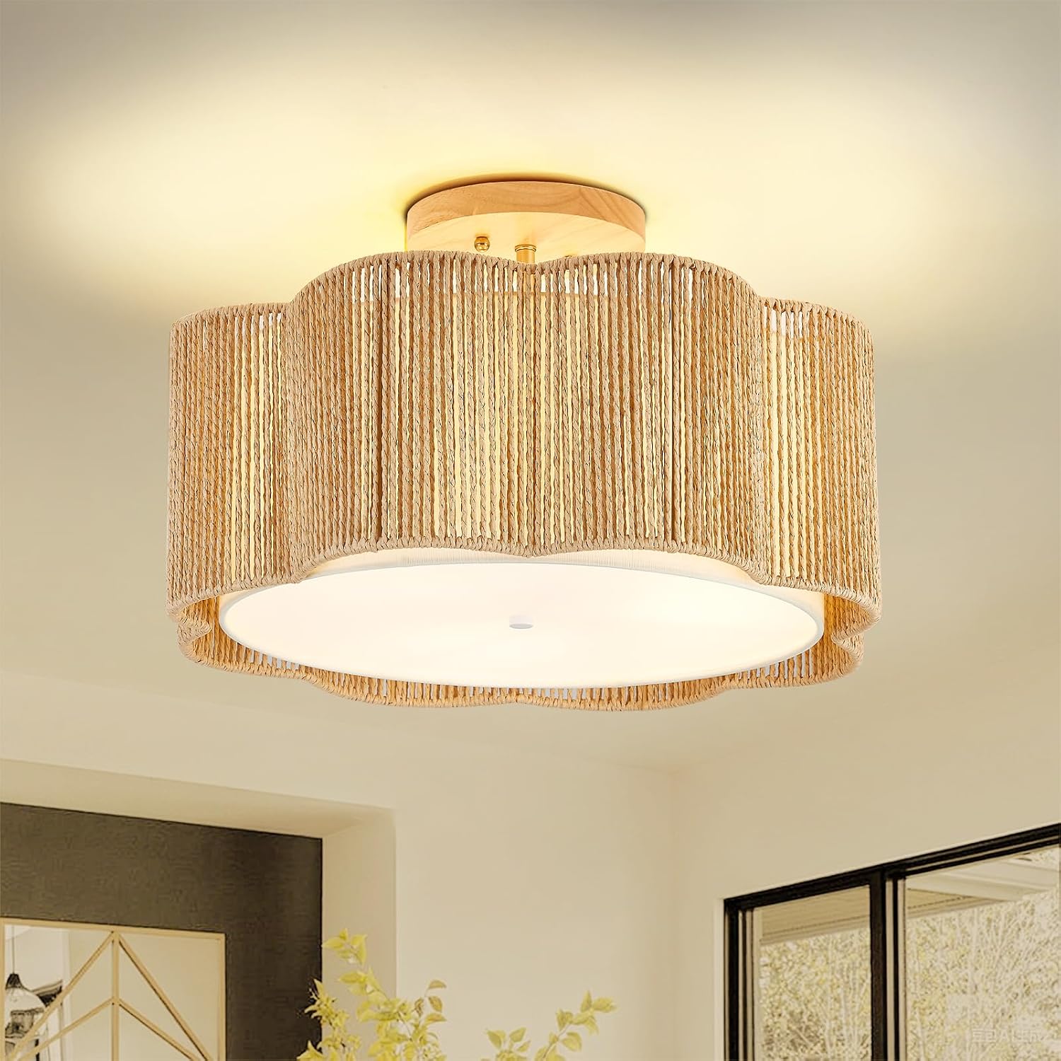 18 Inch 3-Light Rattan Boho Flush Mount Ceiling Light