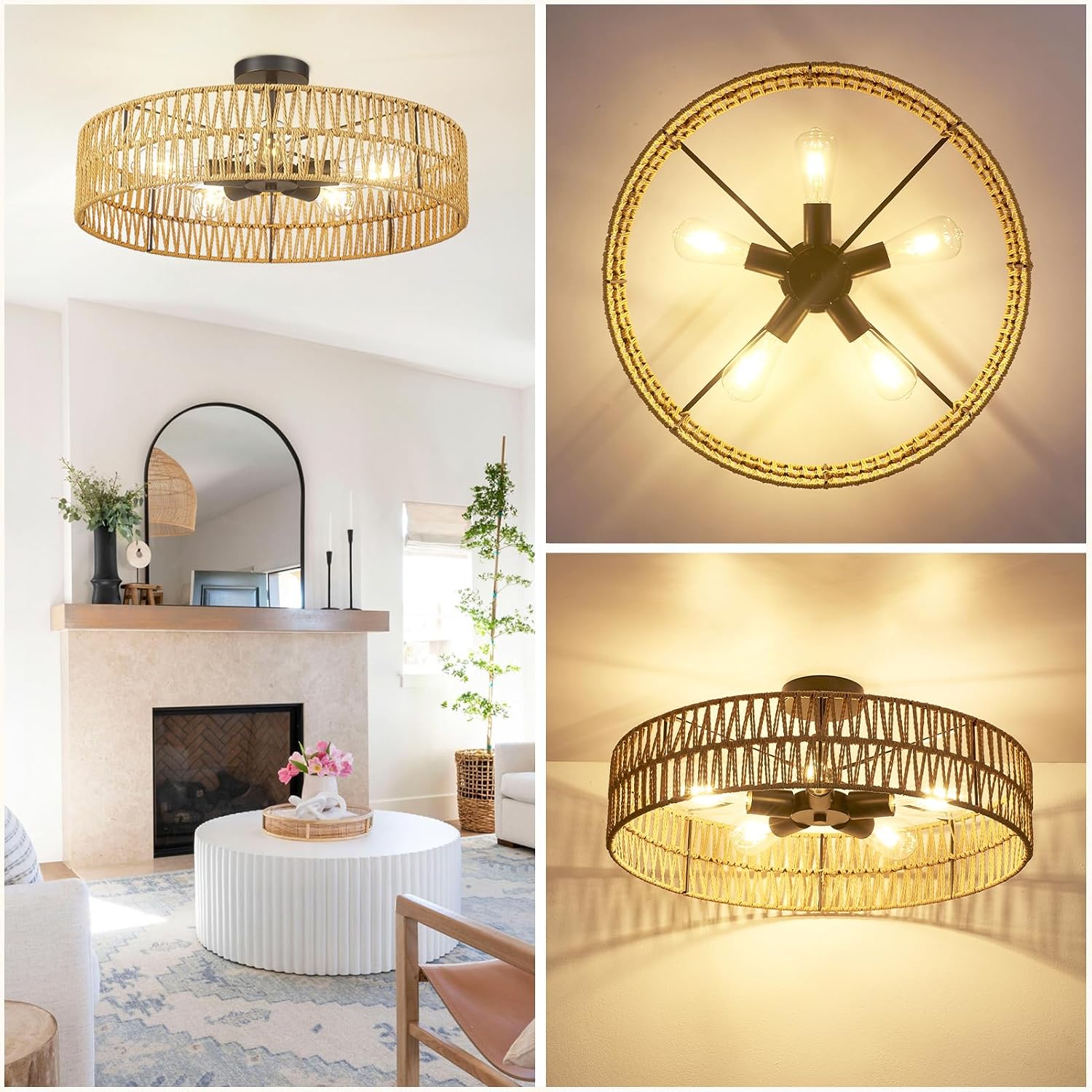 24" 5-Light Rattan Flush Ceiling Light