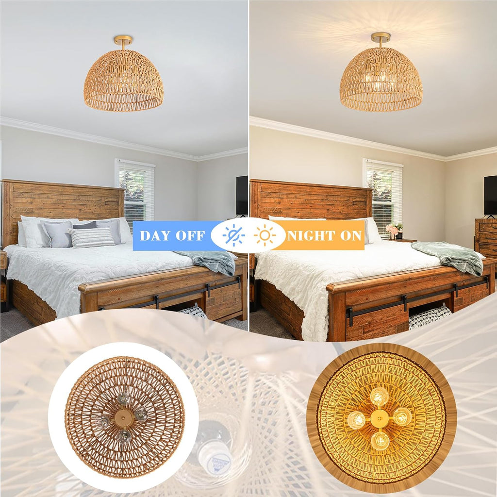 20 Inch 4-Light Cage Woven Rattan Boho Semi Flush Ceiling Light