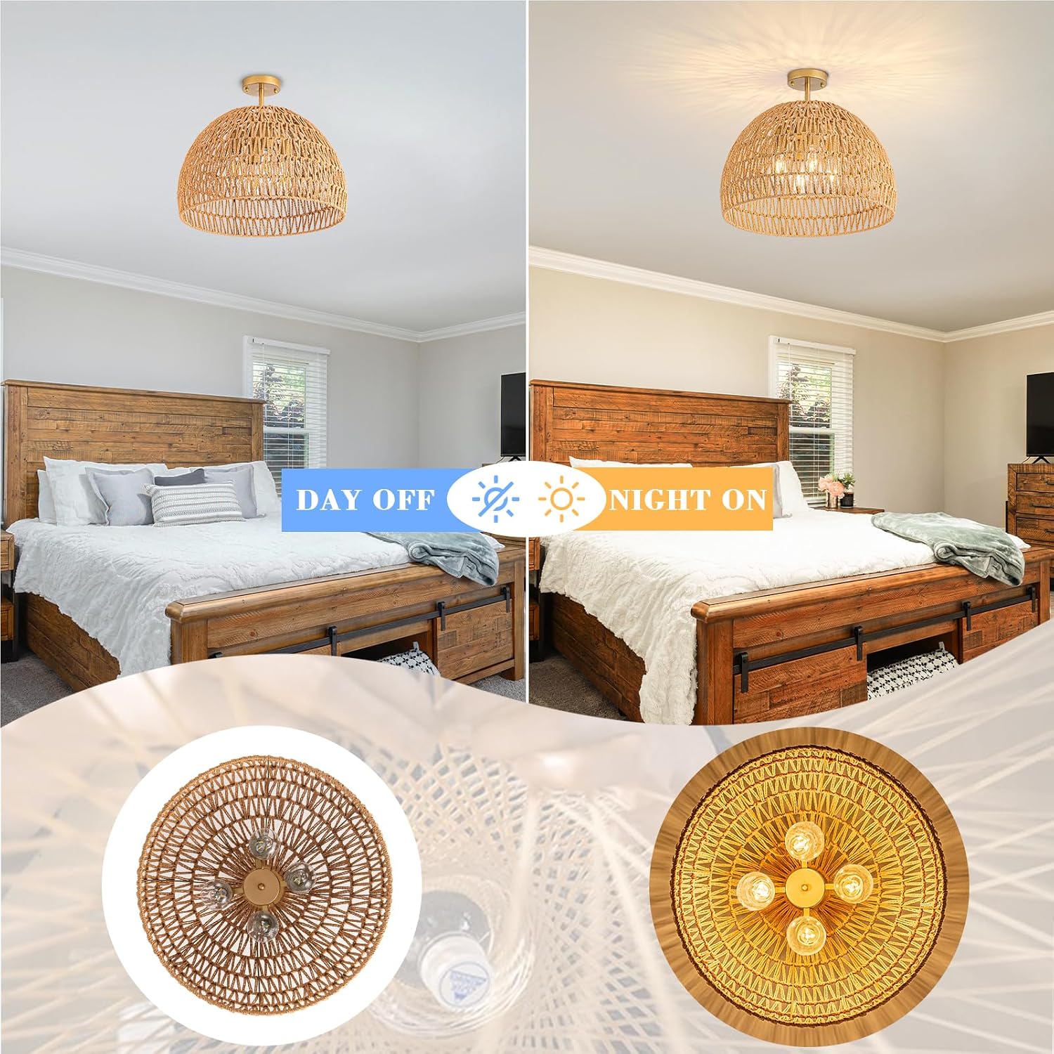 20 Inch 4-Light Cage Woven Rattan Boho Semi Flush Ceiling Light