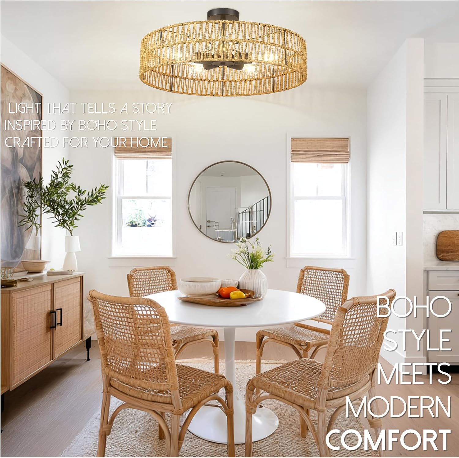 24" 5-Light Rattan Flush Ceiling Light