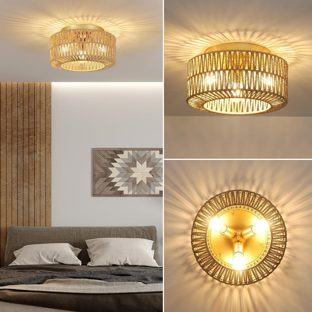3-Light Hand-Woven Rattan Boho Flush Mount Ceiling Light