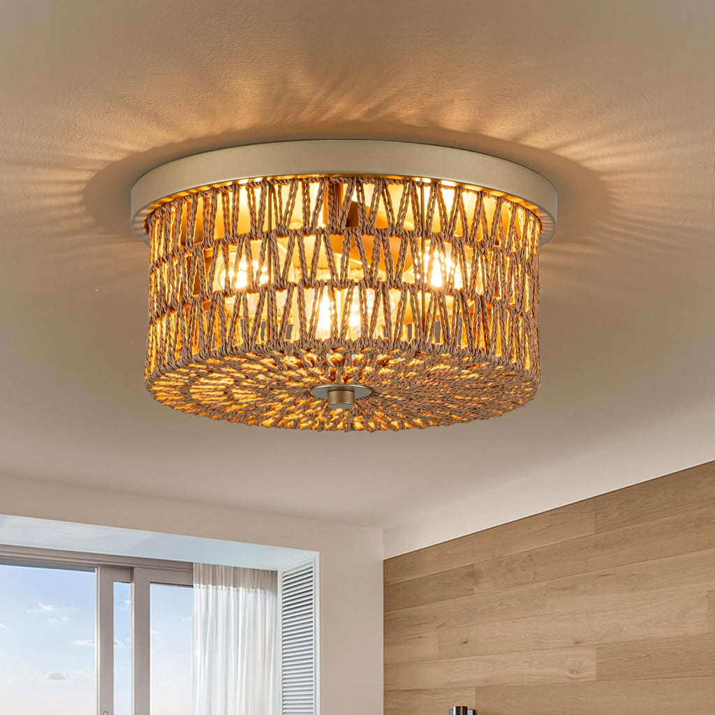 3-Light Round Woven Rattan Boho Flush Ceiling Light