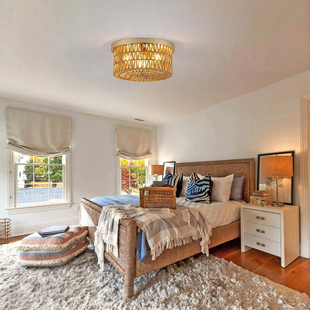 3-Light Round Woven Rattan Boho Flush Ceiling Light