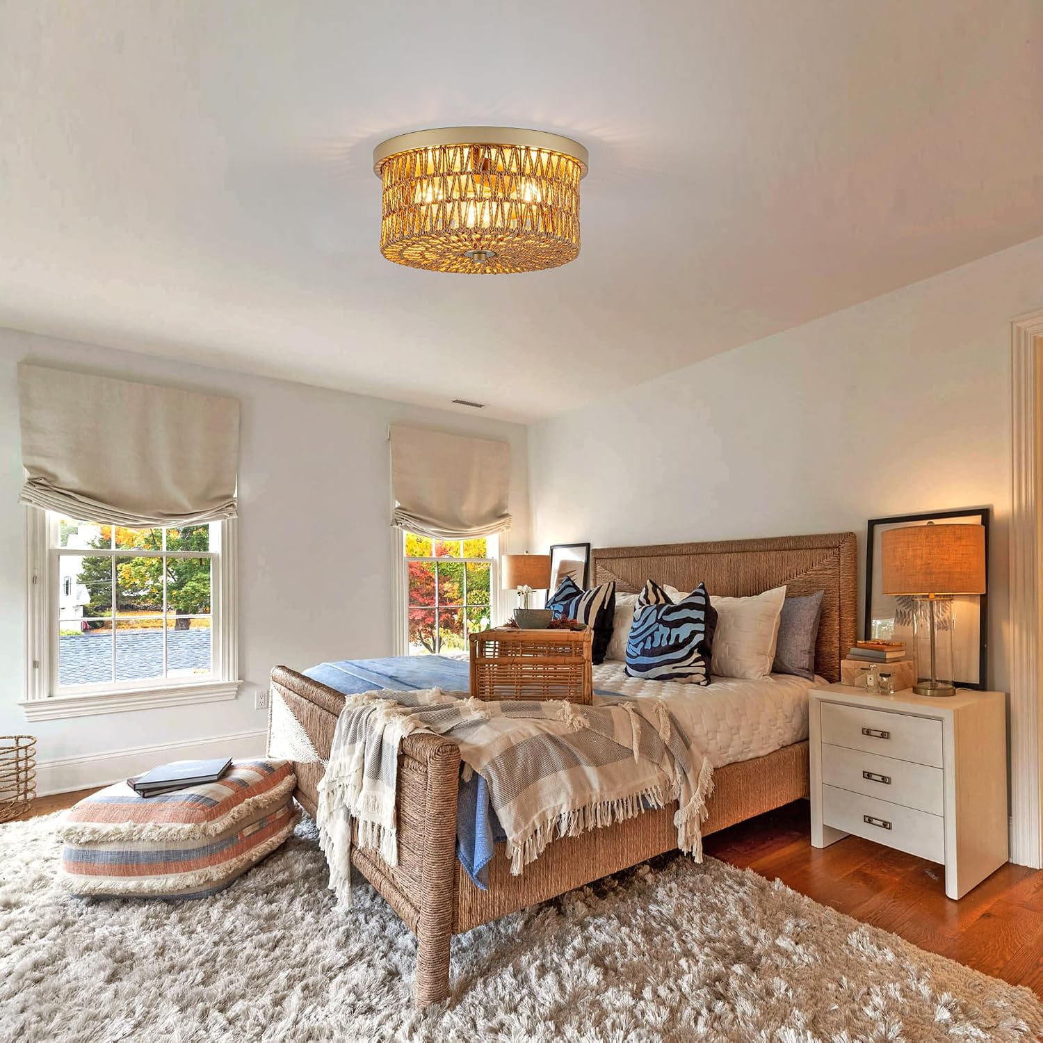 3-Light Round Woven Rattan Boho Flush Ceiling Light