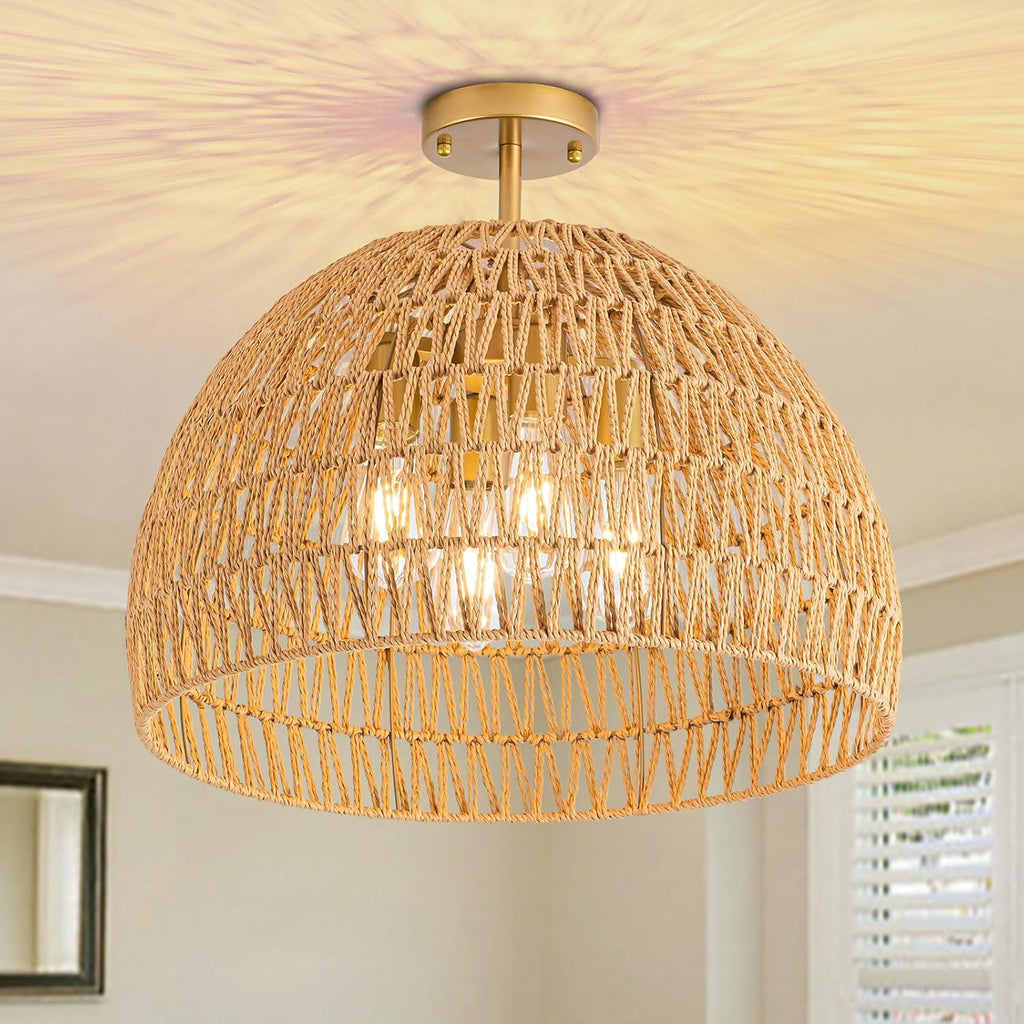20 Inch 4-Light Hand-Woven Rattan Boho Semi Flush Ceiling Light