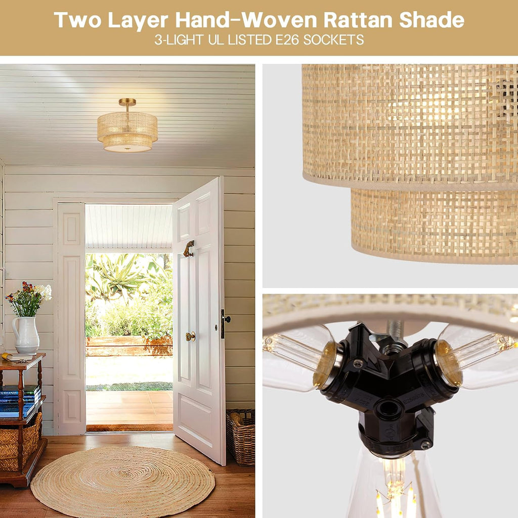 16" 2-Tier Rattan Gold Ceiling Light