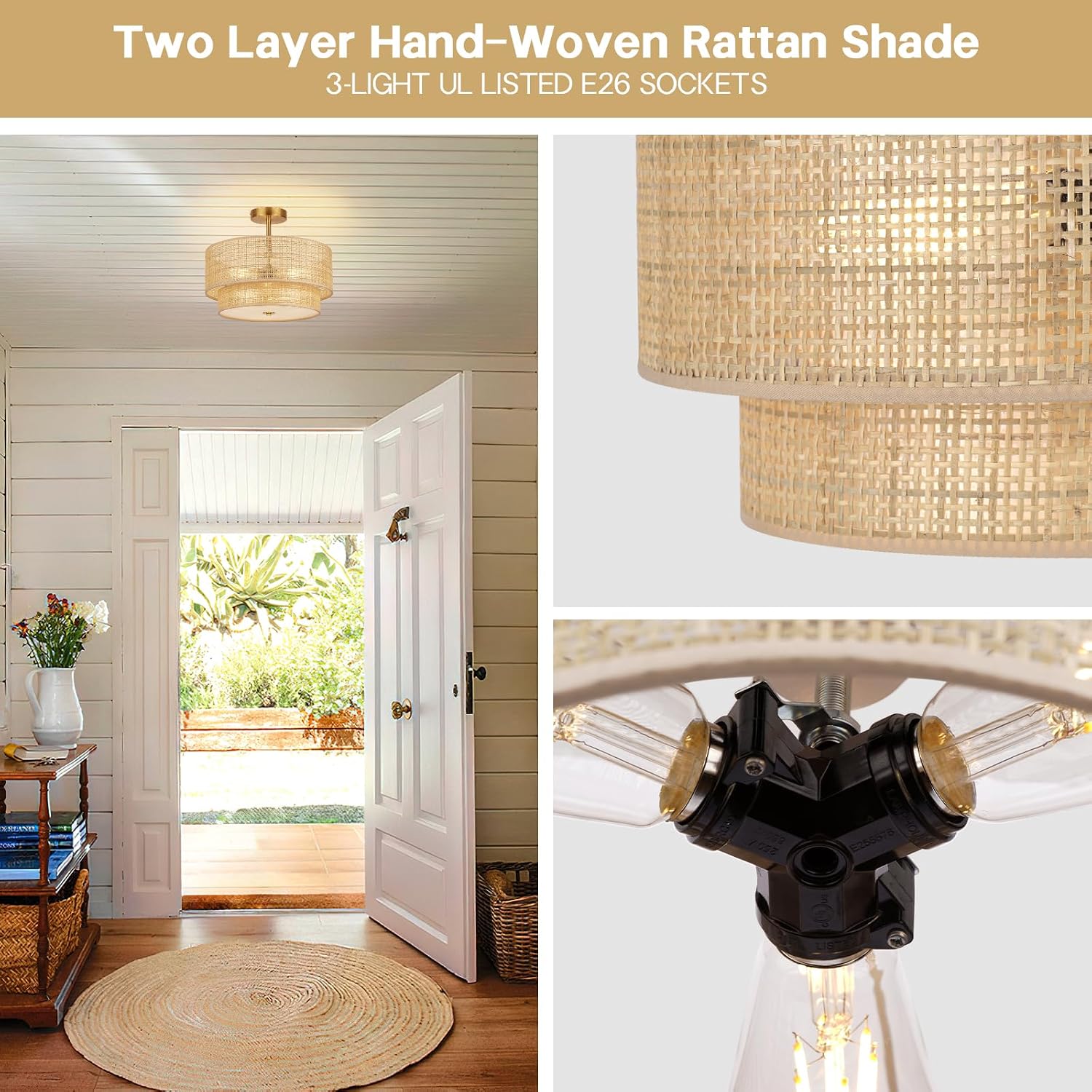 16" 2-Tier Rattan Gold Ceiling Light